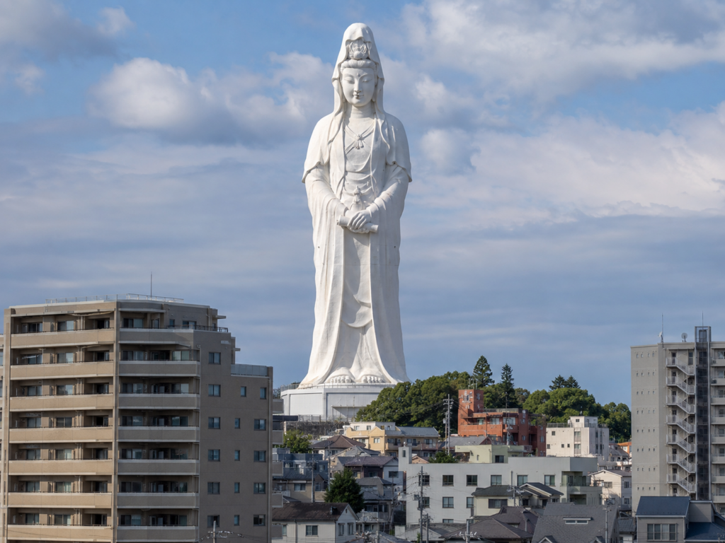 Japonya'da şehir üzerinde yükselen Sendai Daikannon heykeli