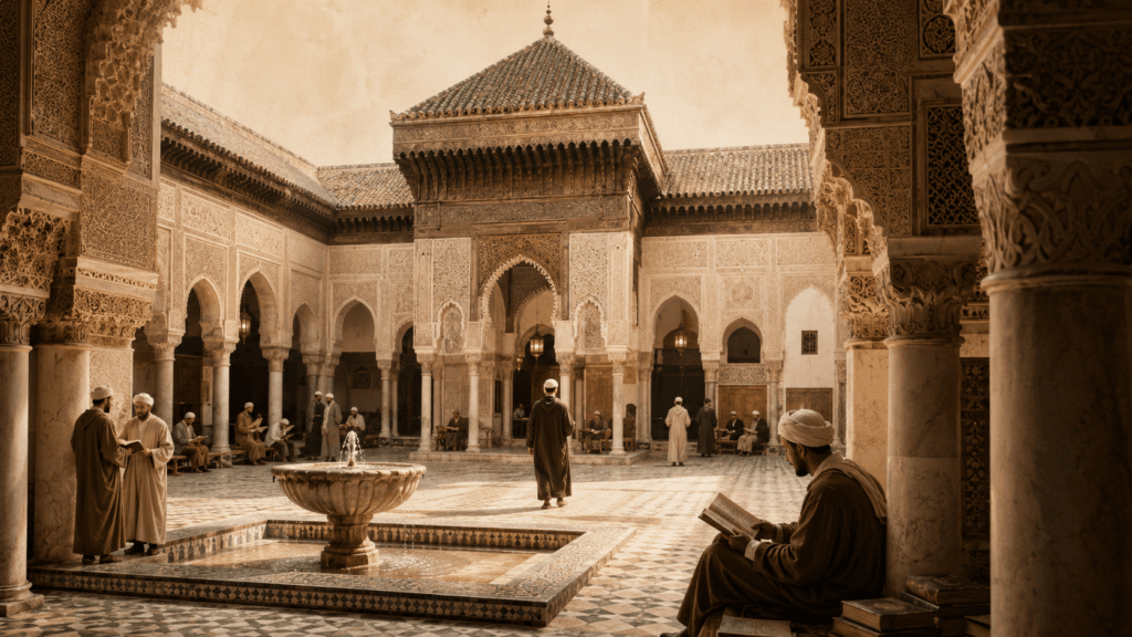 Al-Qarawiyyin'i canlandıran çeşmeli, kemerli iç avluda kitap okuyan öğrenciler