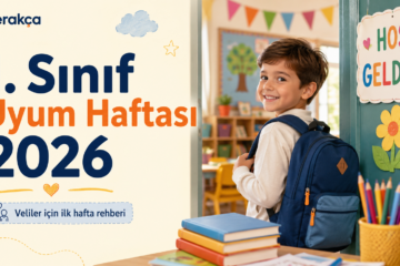 1. sınıf uyum haftası 2026 için hazırlanan kapak görseli: sınıf kapısında sırt çantalı mutlu bir öğrenci ve Merakça başlıklı yatay okul görseli.