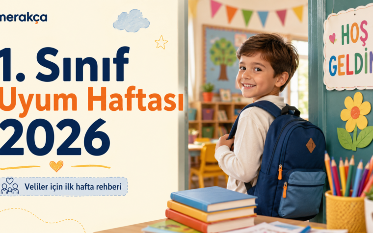 1. sınıf uyum haftası 2026 için hazırlanan kapak görseli: sınıf kapısında sırt çantalı mutlu bir öğrenci ve Merakça başlıklı yatay okul görseli.