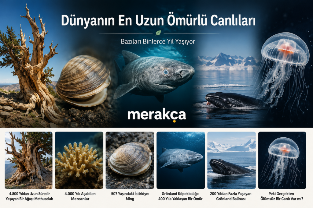 Binlerce yıl yaşayabilen uzun ömürlü canlıları temsil eden doğa sahnesi