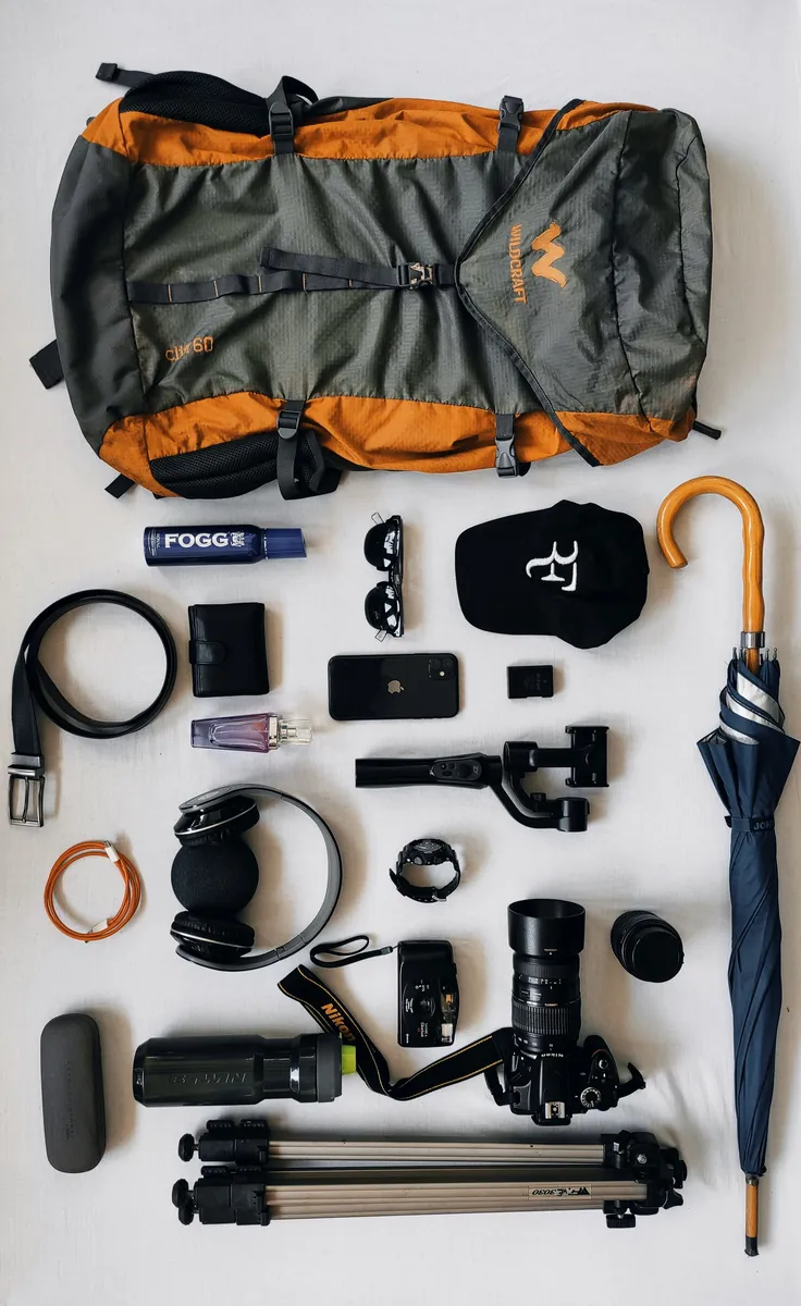 Kamera, tripod ve macera seyahati ekipmanları