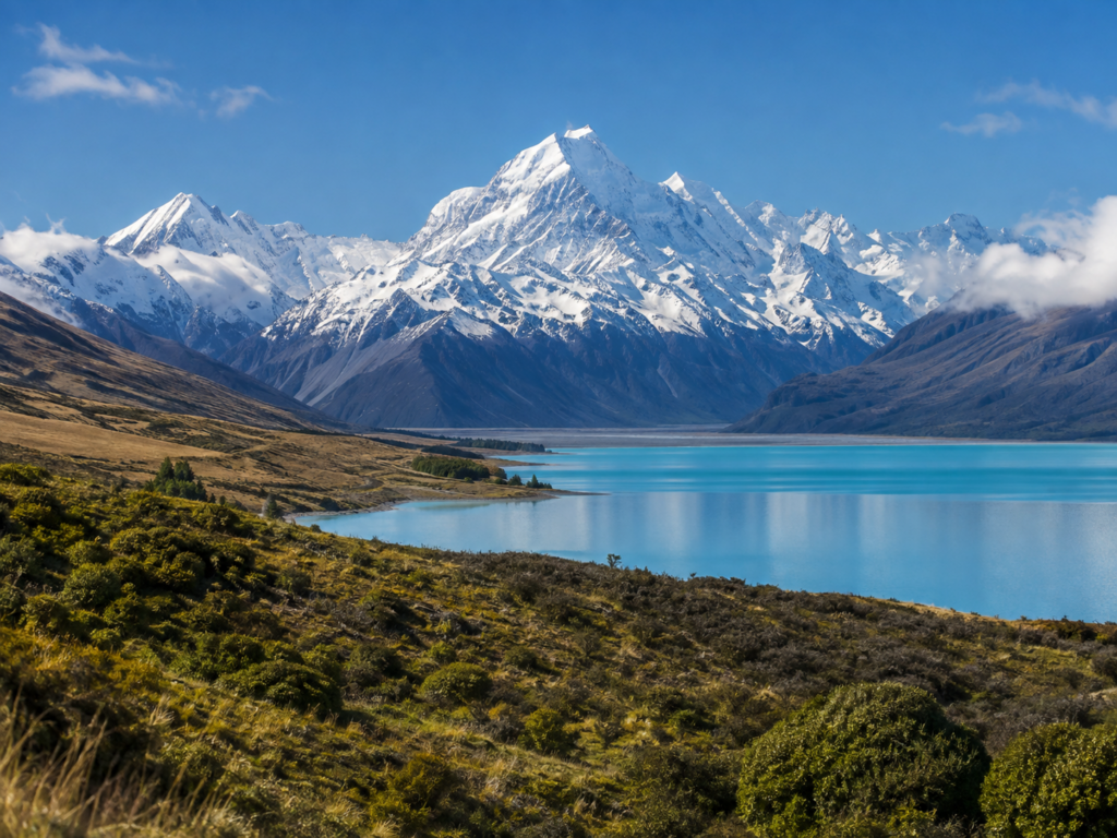 Yeni Zelanda'da turkuaz göl kıyısında yükselen Aoraki Mount Cook
