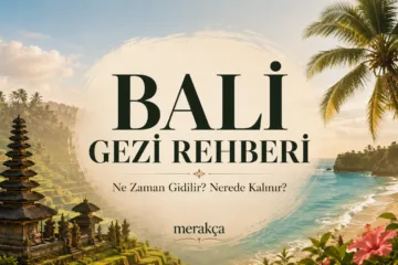 Bali gezi rehberi için tapınak, pirinç tarlaları ve tropikal sahil manzarası