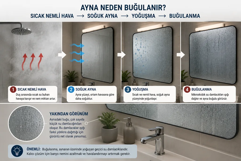 Sıcak ve nemli havanın soğuk banyo aynasında yoğuşarak buğu oluşturması