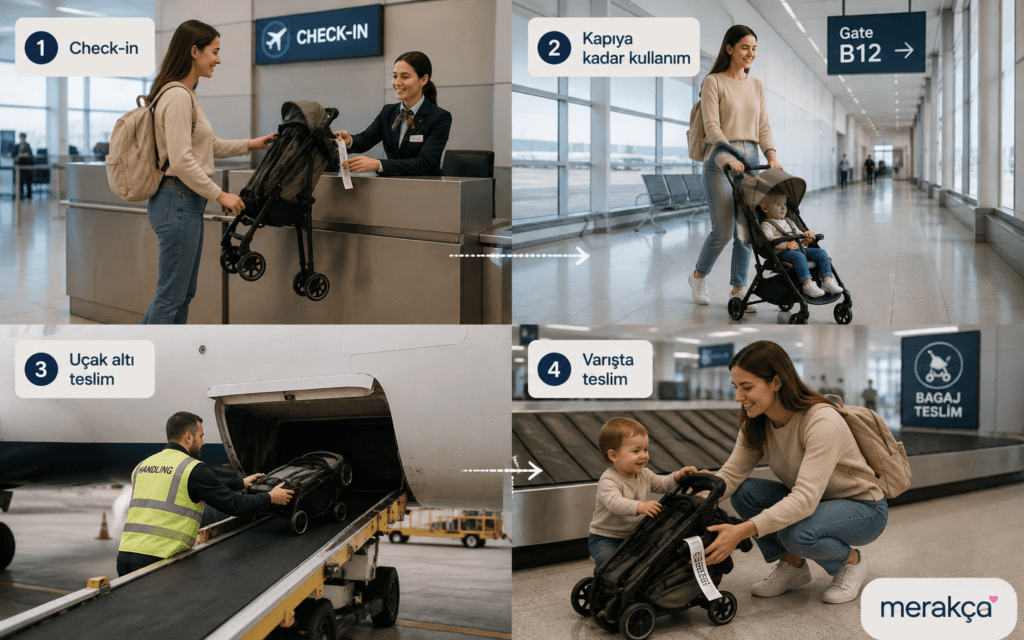 Bebek arabasının check-in ve uçak kapısında teslim süreci