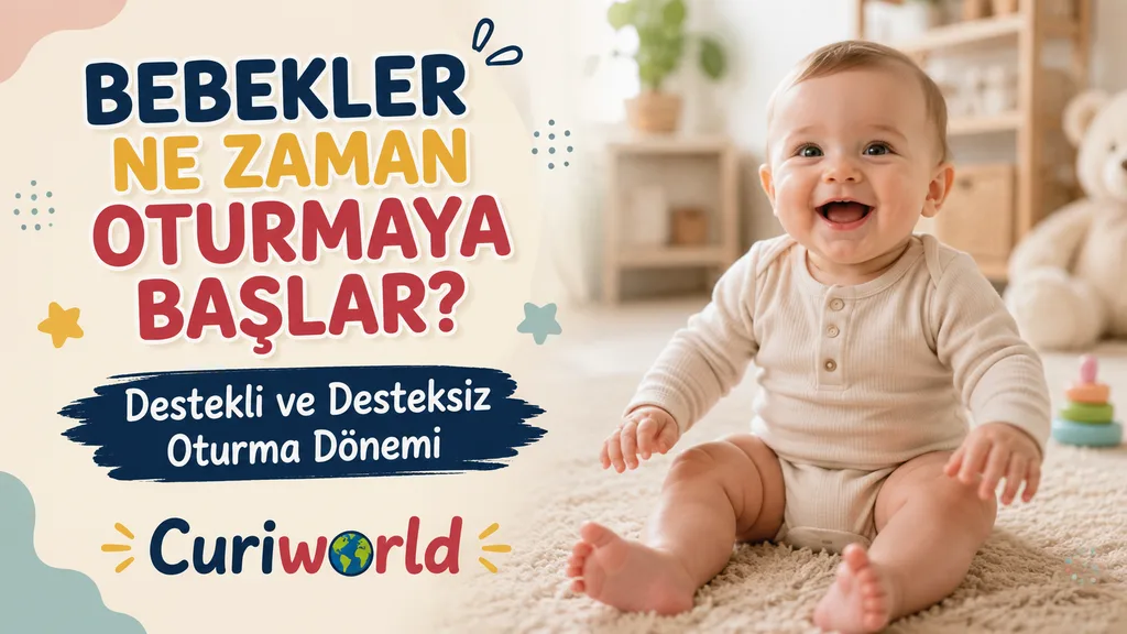 Oyun matı üzerinde desteksiz oturan ve oyuncaklarına uzanan bebek