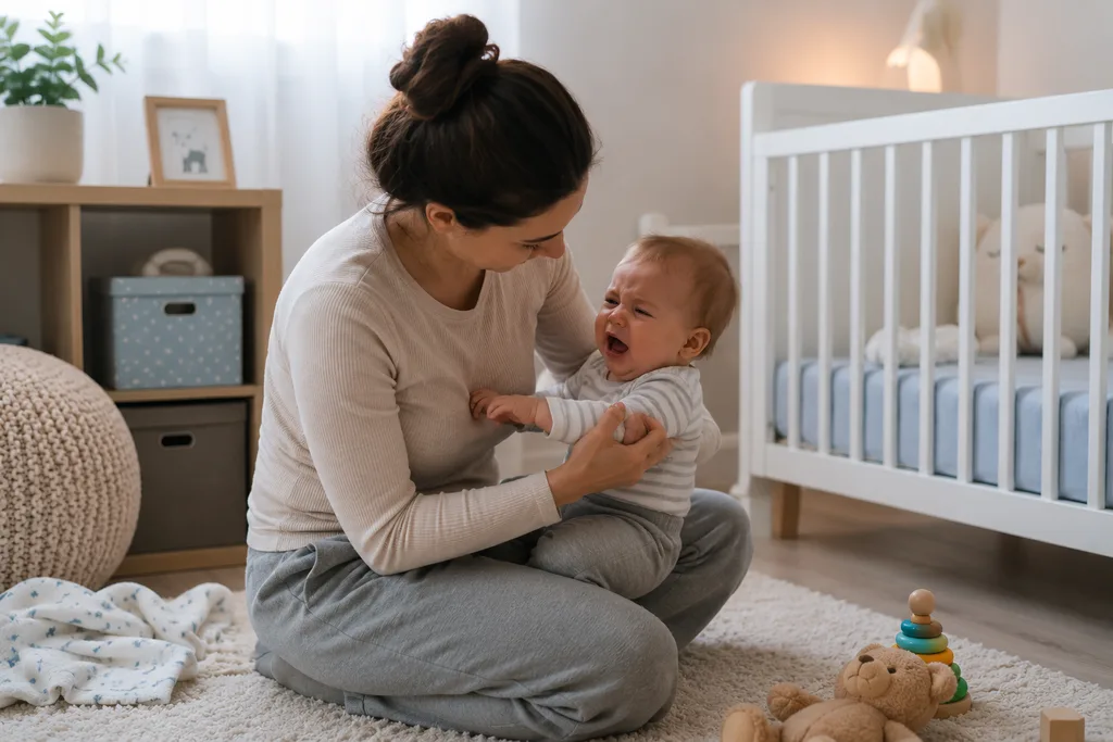 Gündüz uykusu öncesinde huzursuz olan bebeğini sakinleştiren anne