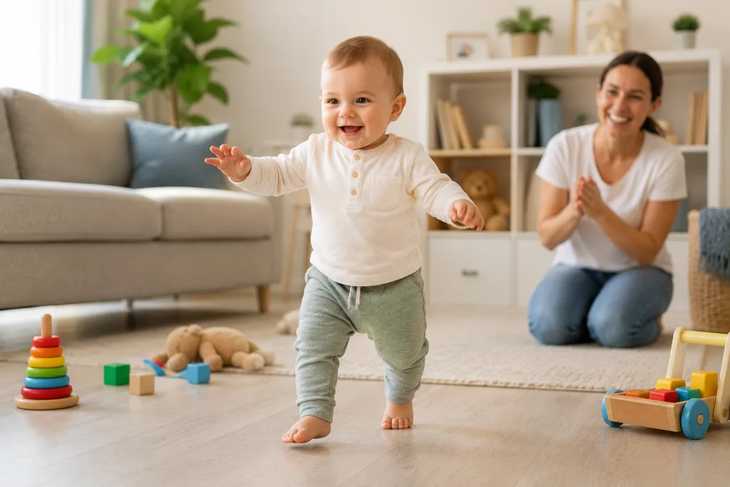 Mobilyadan desteğini bırakıp desteksiz yürümeyi deneyen bebek
