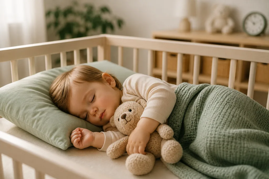 tek gündüz uykusuna geçiş döneminde odasında huzurla uyuyan bebek ve uyku düzeni görseli