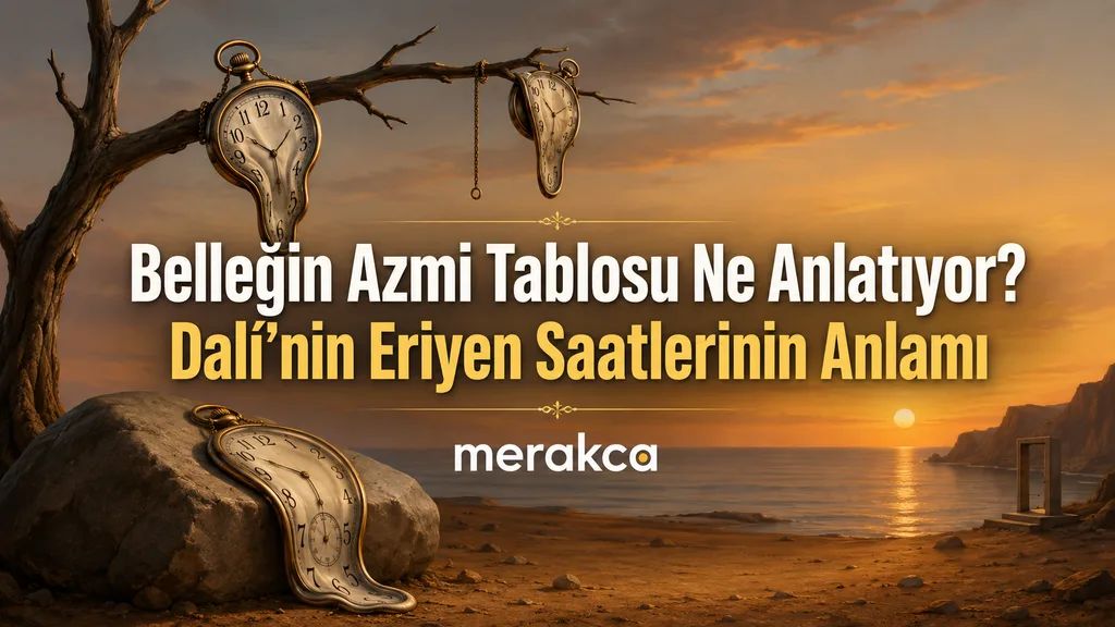 Eriyen bir saatin zamanın akışkanlığı ve belleğin değişken yapısını simgelediği gerçekçi sürreal sahne