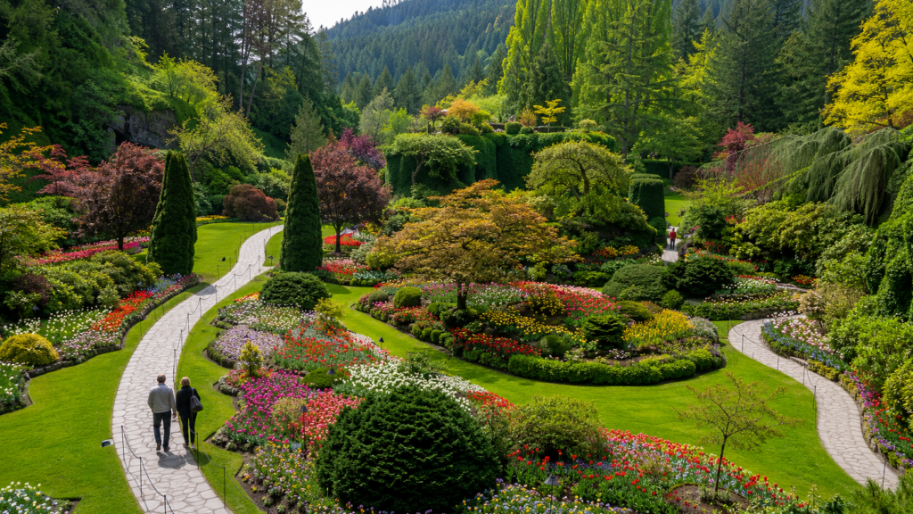 Kanada’daki Butchart Gardens’ta yürüyüş yolları ve çiçeklerle çevrili peyzaj
