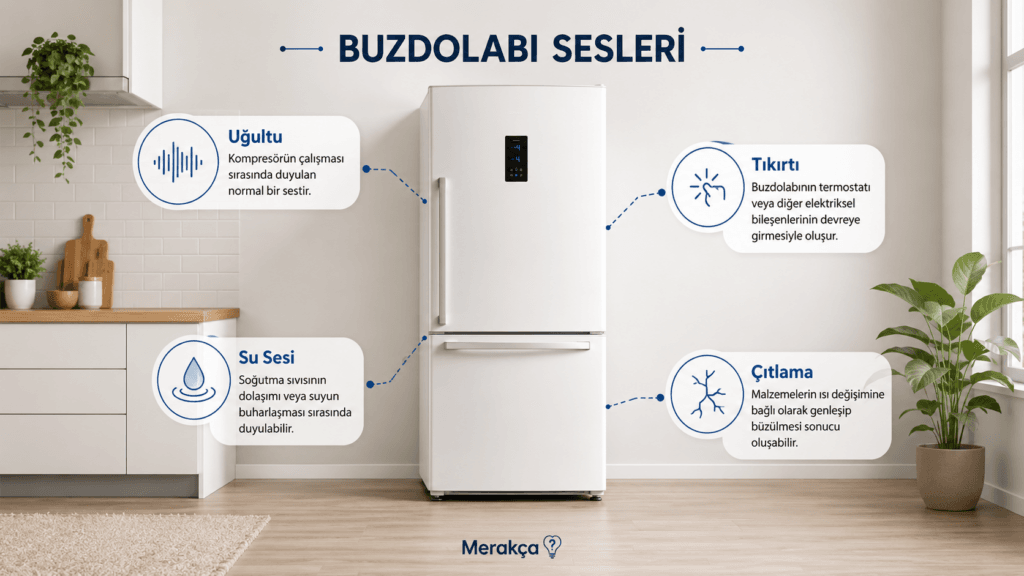 Buzdolabından gelen uğultu, tıkırtı, su sesi ve çıtlama seslerini açıklayan görsel