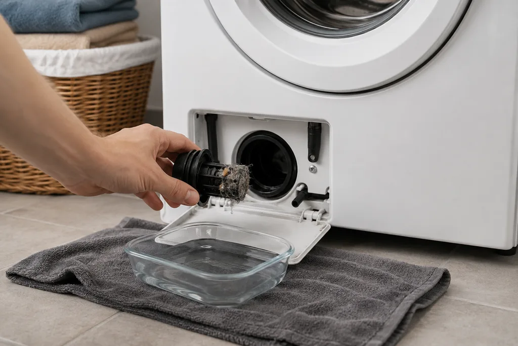Çamaşır makinesinde tahliye filtresinin güvenli kontrolü
