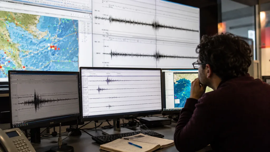 Deprem dalgalarını kaydeden sismograf ve sismik ölçüm ekranı