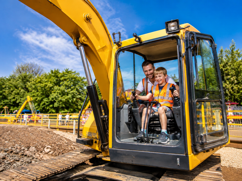 Diggerland tema parkında ekskavatör kullanan ziyaretçiler