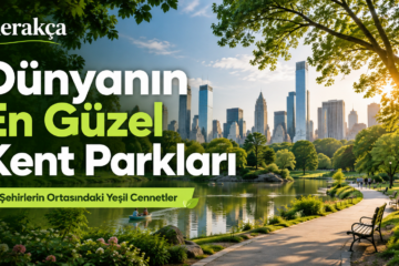 Dünyanın en güzel kent parklarını temsil eden, göl, yürüyüş yolu ve şehir silüeti bulunan büyük şehir parkı manzarası