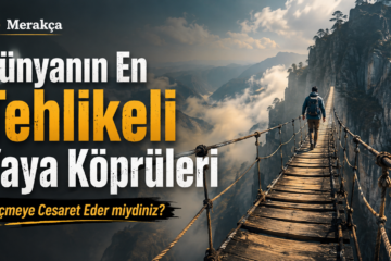 Dünyanın en tehlikeli yaya köprülerinden birini gösteren sisli dağ manzarasında asma köprü