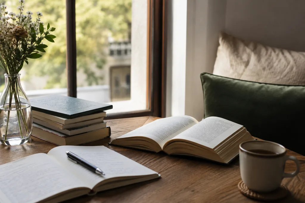 Pencere kenarında kitap, defter ve kahve ile oluşturulmuş düzenli okuma ortamı