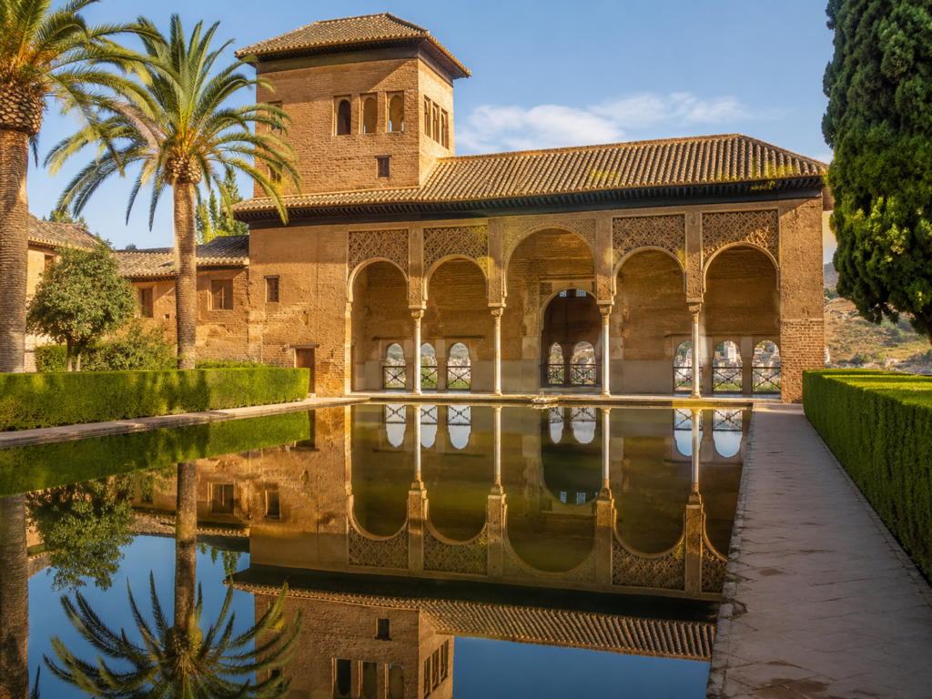 İspanya Granada'daki tarihi El Hamra Sarayı ve avlusu