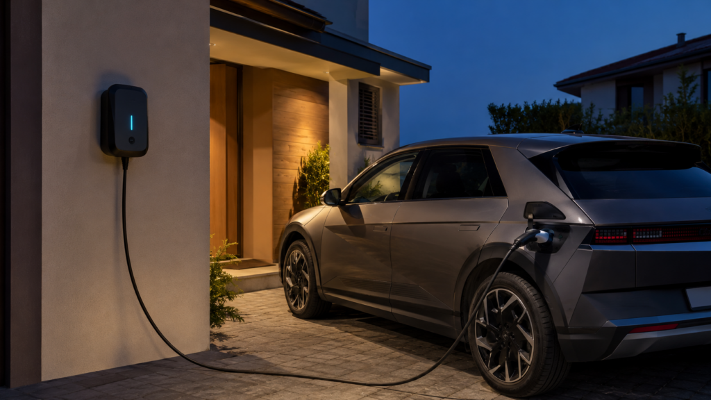 Ev tipi wallbox ile şarj edilen elektrikli otomobil