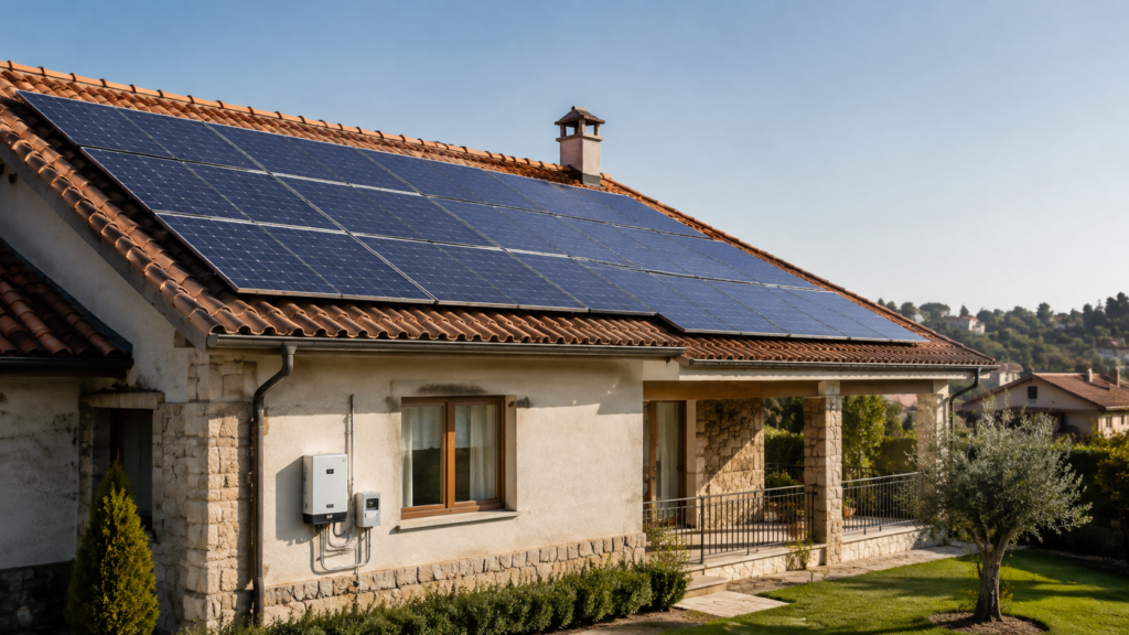 Ev çatısında elektrik üreten güneş paneli sistemi