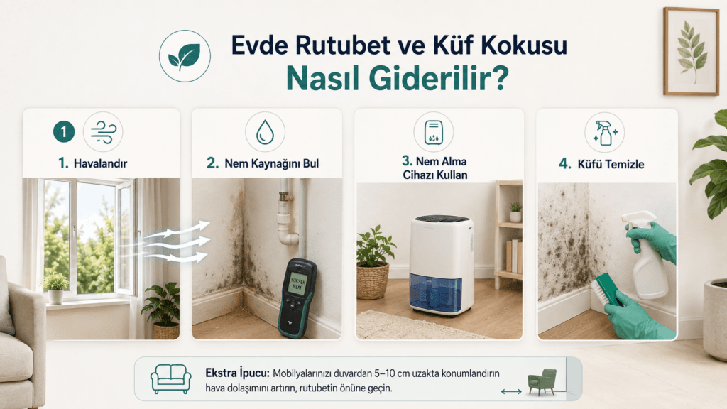 Evde rutubet ve küf kokusunu gidermenin dört adımı: havalandırma, nem kaynağını bulma, nem alma cihazı ve küf temizliği