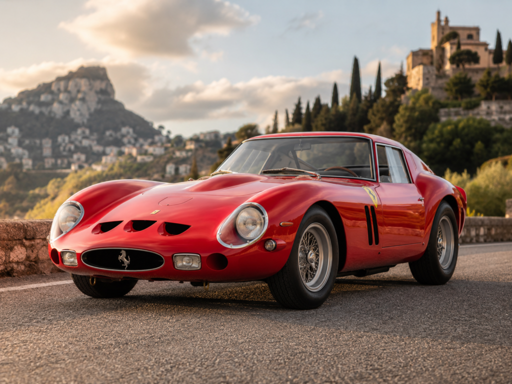 Dağ ve tarihi yapı manzarası önünde duran kırmızı klasik Ferrari 250 GTO