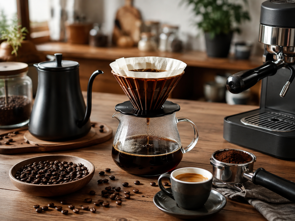 Evde filtre kahve ve espresso hazırlamak için kullanılan kahve demleme ekipmanları