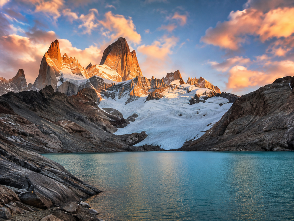 Patagonya'da turkuaz göl ve buzulların arkasında yükselen Fitz Roy
