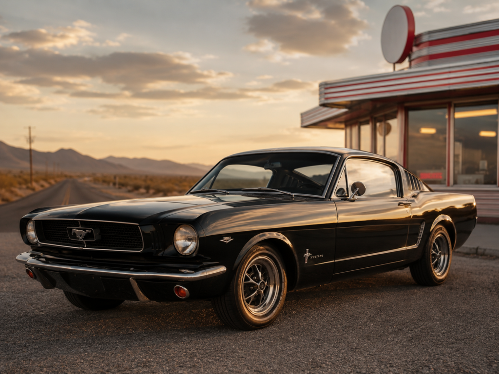 Retro benzin istasyonu yanında duran siyah klasik Ford Mustang Fastback