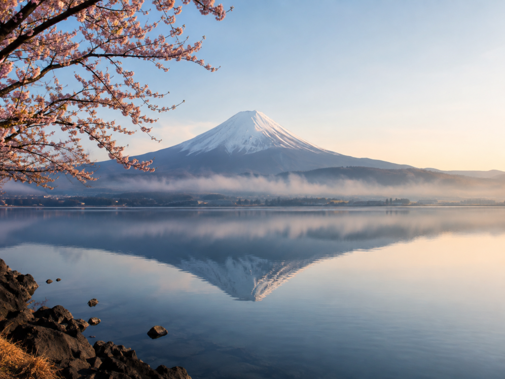 Japonya'da göl kıyısından görülen Fuji Dağı manzarası
