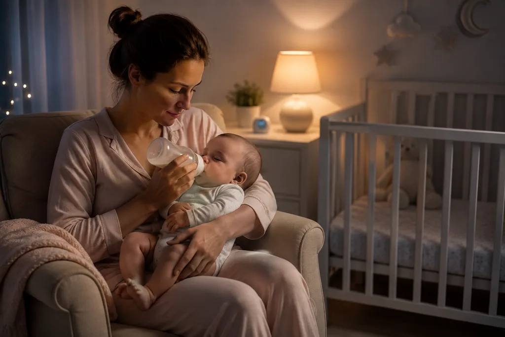 Gece saatlerinde bebeğini biberonla besleyen anne ve sakin bir bebek odası.