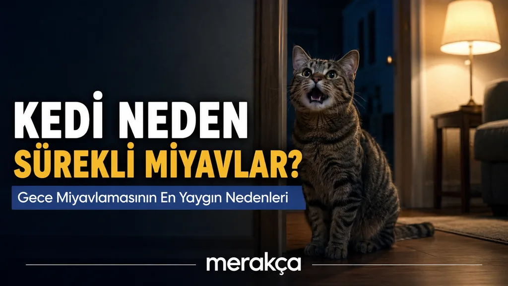 Gece yatak odası kapısının önünde bekleyen evcil kedi