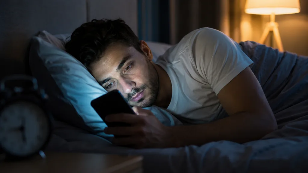 Gece yatağında uyumak yerine telefonuna bakan kişi