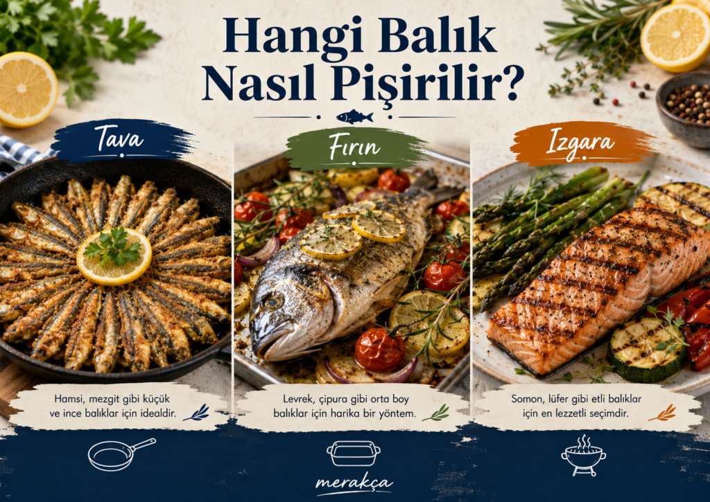 Hangi balığın tavada, fırında ve ızgarada daha iyi pişirileceğini gösteren bilgilendirici görsel
