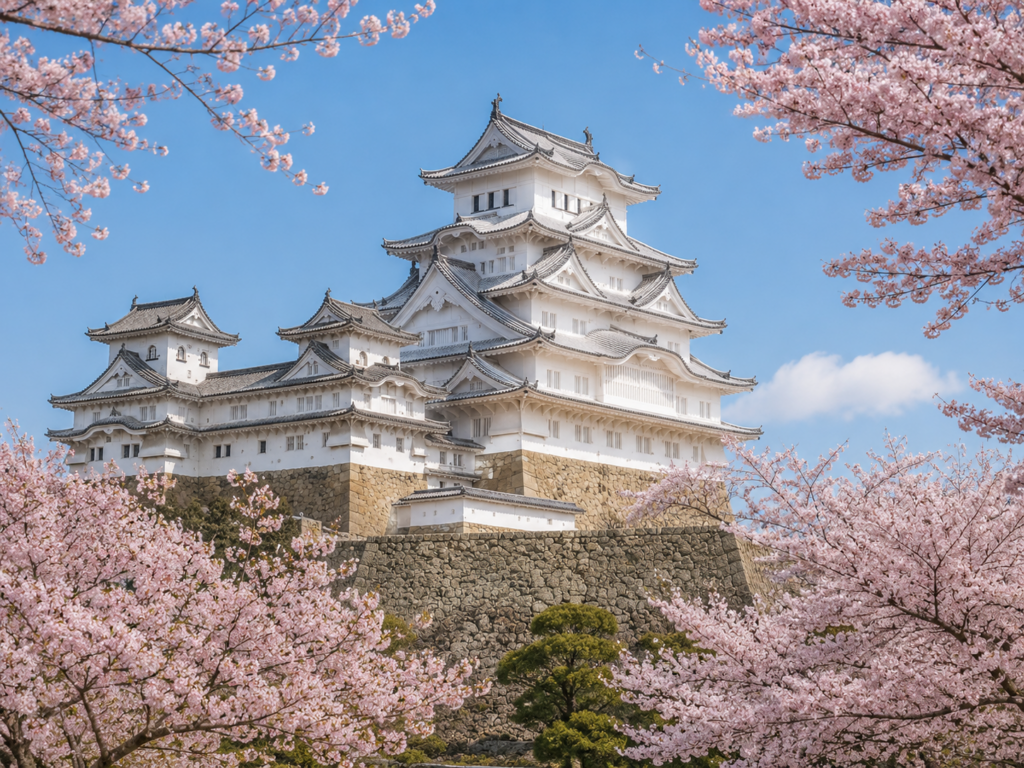 Japonya'da kiraz çiçekleriyle çevrili Himeji Kalesi