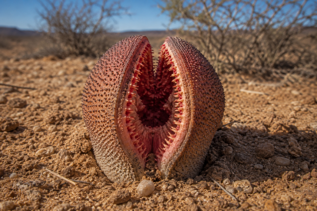 Çöl toprağından çıkan sıra dışı Hydnora africana çiçeği