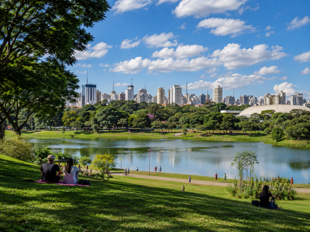 Sao Paulo Ibirapuera Parkı'nda göl, çim alan ve arka planda şehir silüeti