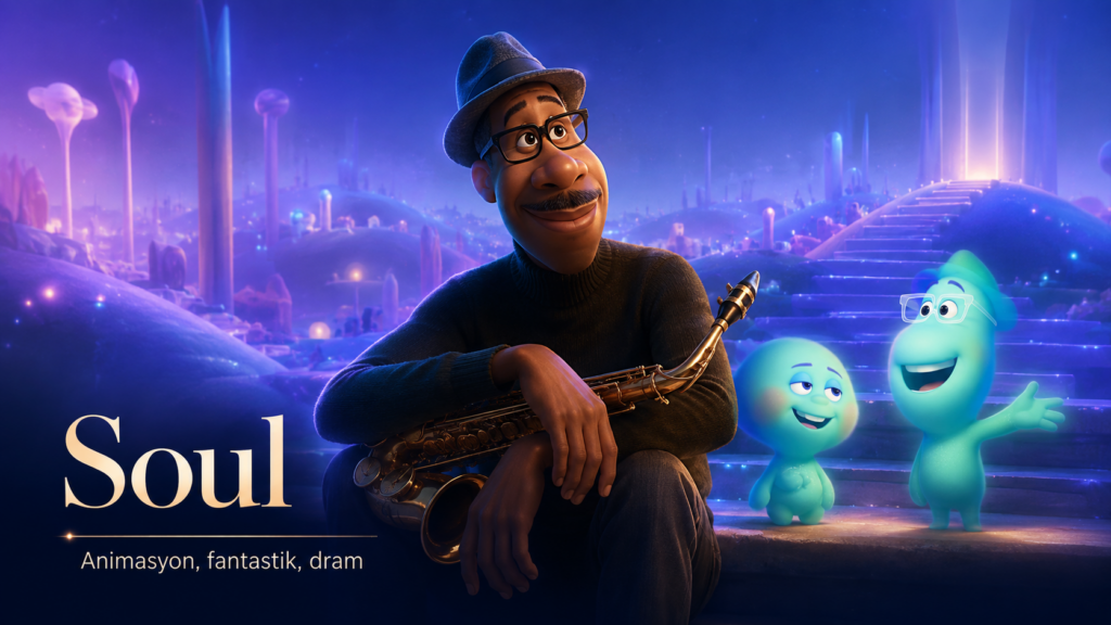 Soul animasyonunda saksafonuyla oturan Joe Gardner ve ruh karakterleri