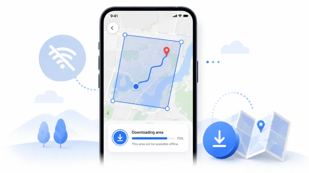 Telefonda mavi çerçeveyle seçilen harita alanının Google Maps'te çevrimdışı kullanım için indirilmesi