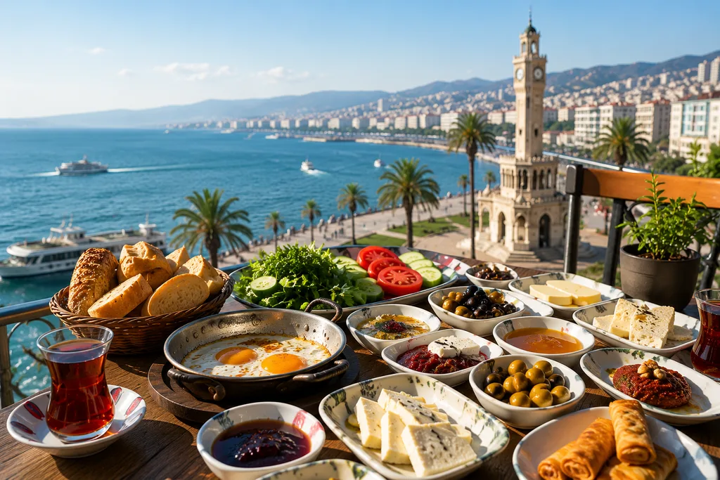 İzmir deniz manzarası ve Saat Kulesi eşliğinde zengin Türk kahvaltısı sofrası