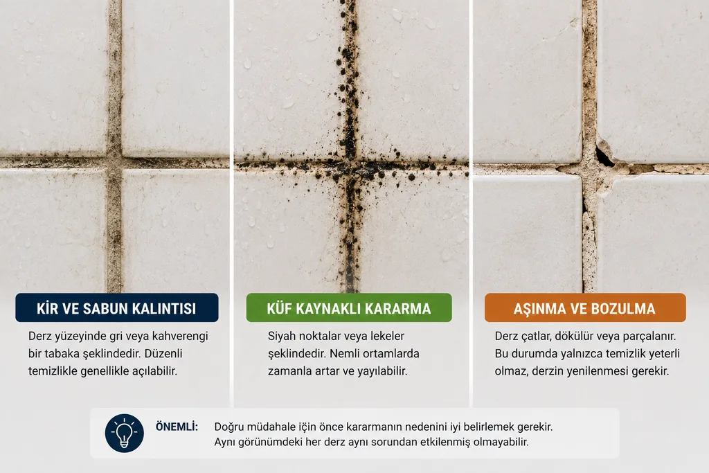 Kir, küf ve aşınma nedeniyle kararan banyo derzlerinin görünümü