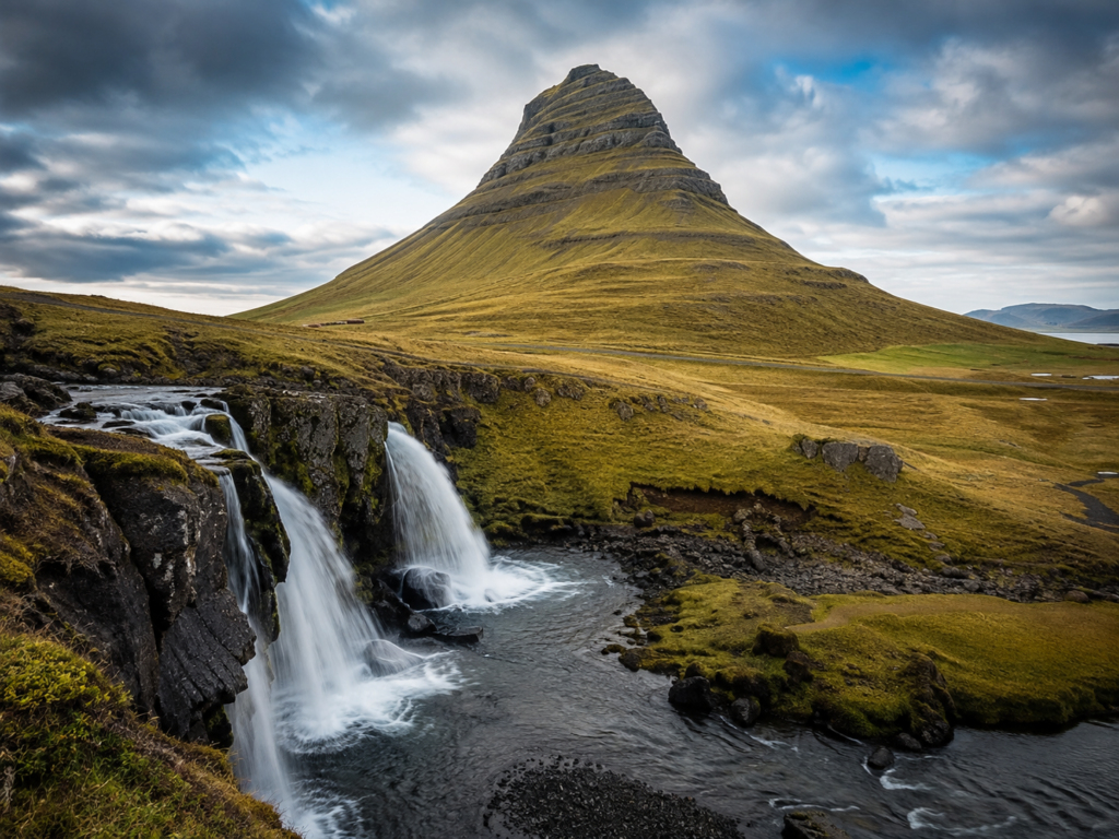 İzlanda'da şelale önünden görülen Kirkjufell Dağı
