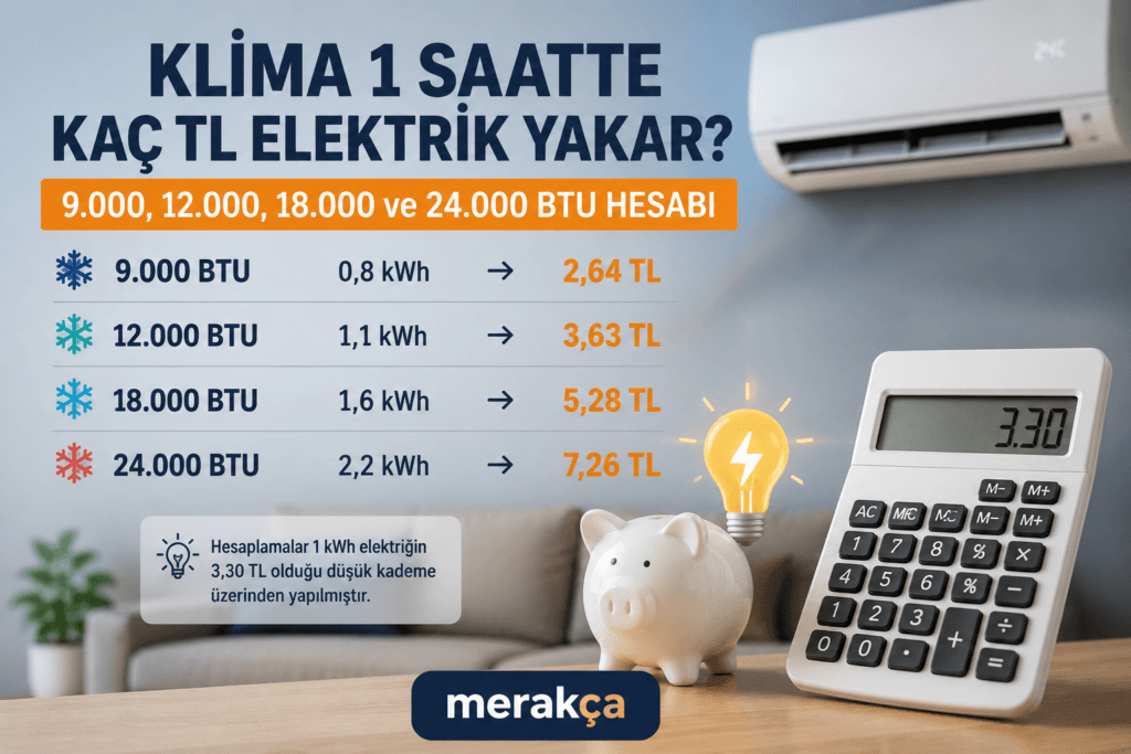 9.000 12.000 18.000 ve 24.000 BTU klimaların saatlik elektrik maliyetleri