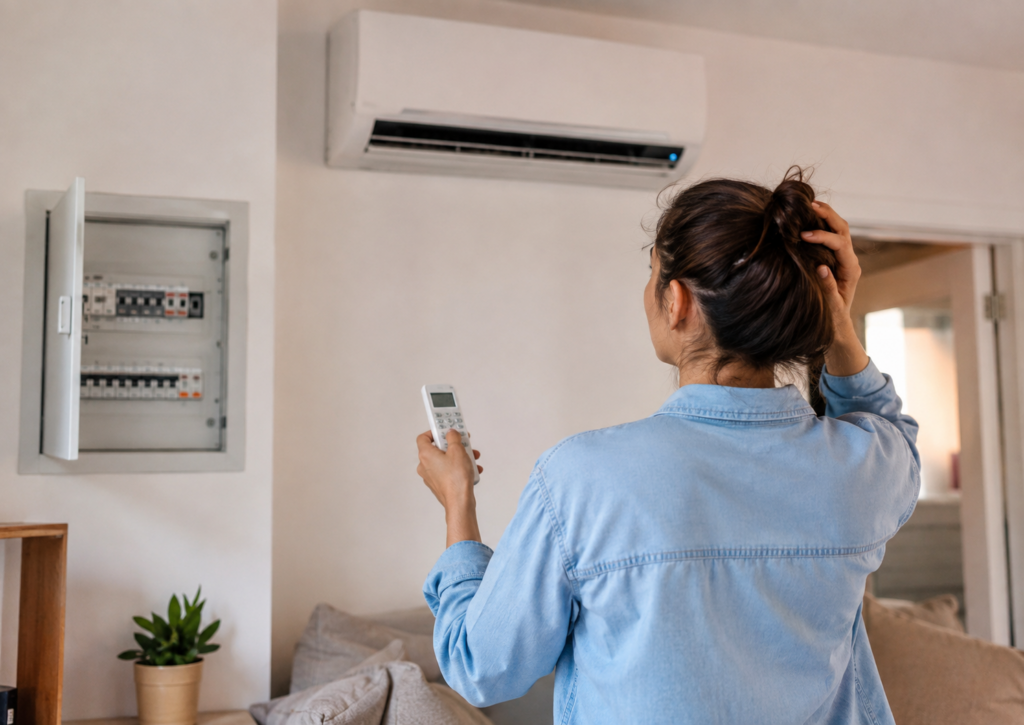Klimayı kumandayla çalıştırmaya çalışan kişinin, klima ve elektrik panosunu kontrol ettiği yazı içi görsel