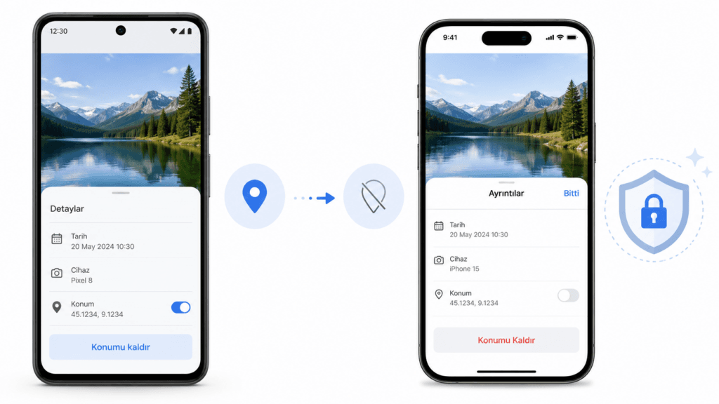 Android ve iPhone ekranında fotoğraf ayrıntılarındaki konum bilgisinin Konumu kaldır düğmesiyle silinmesi