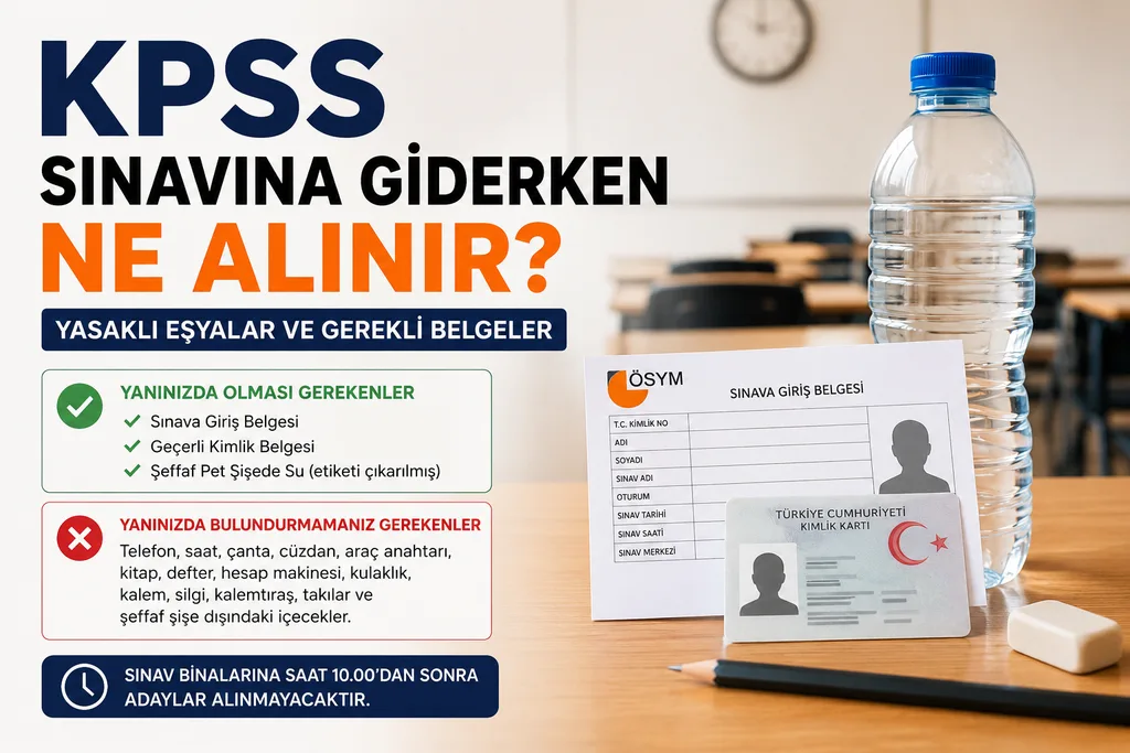 KPSS sınavına giderken yanınızda olması gerekenleri ve yasaklı eşyaları listeleyen infografik