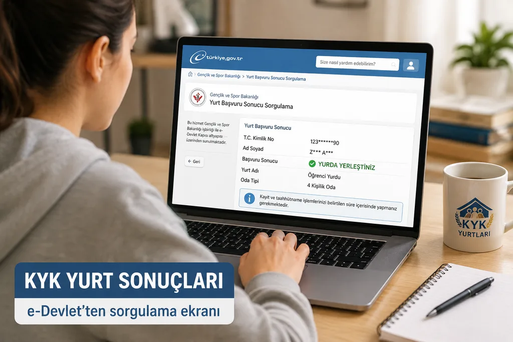 Dizüstü bilgisayardan yurt başvuru sonucunu kontrol eden öğrenci