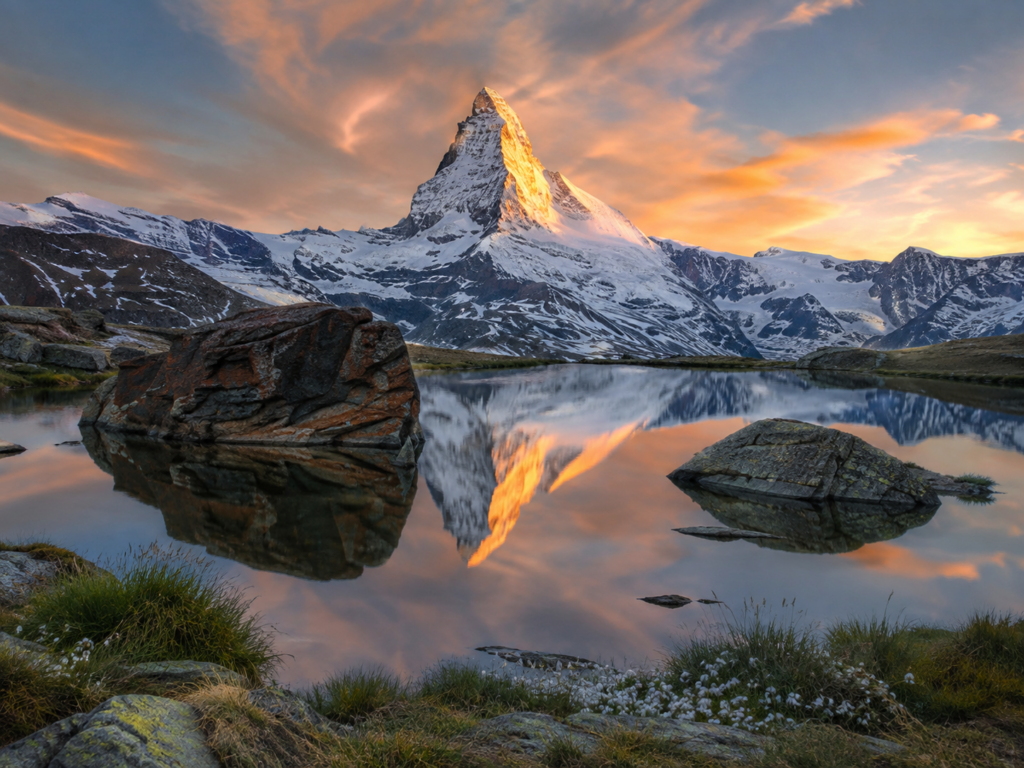 İsviçre Alpleri'nde gün batımında görülen Matterhorn Dağı
